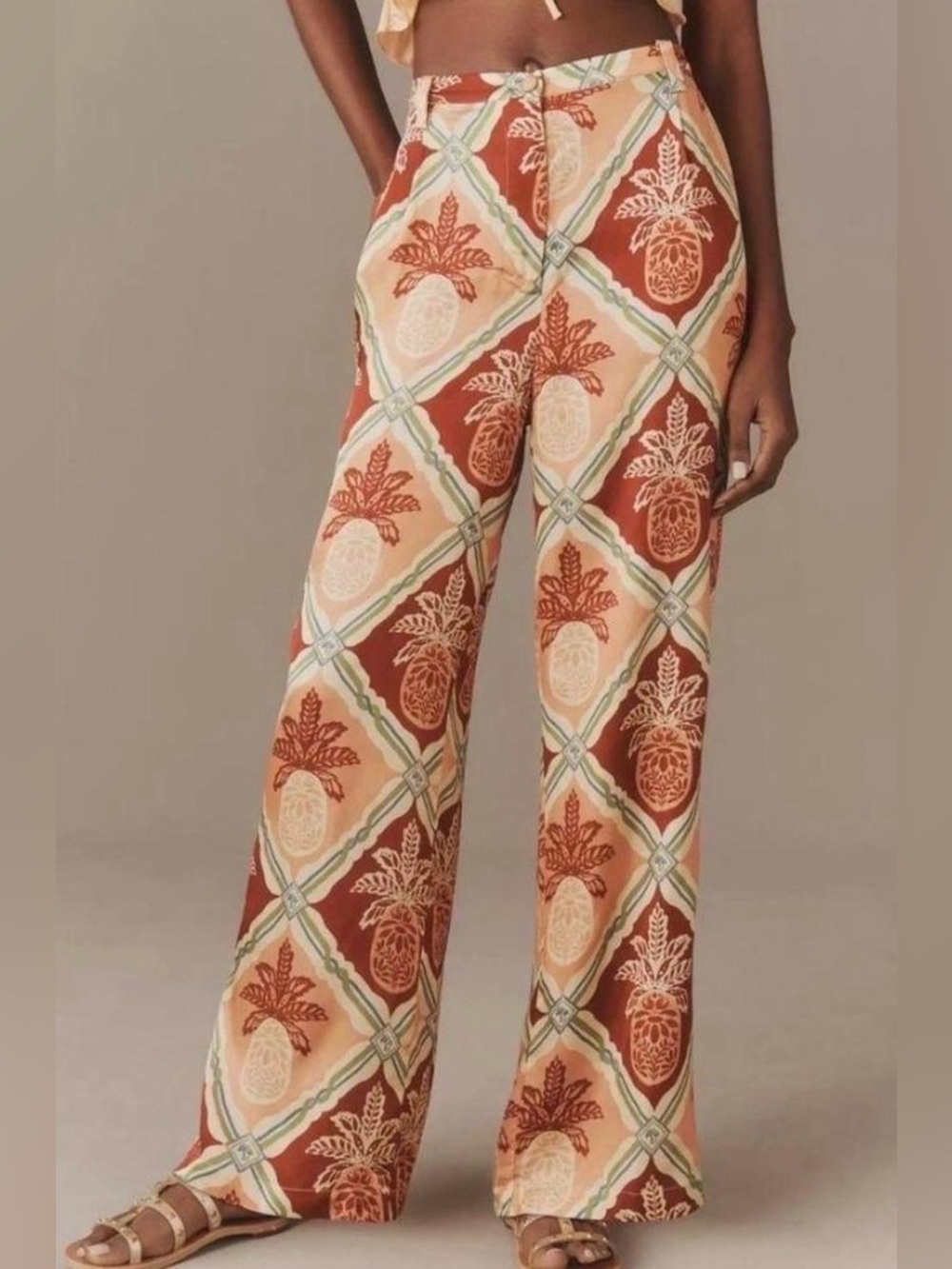 FARM Rio for Anthropologie pineapple satin wide leg palazzo pants size large